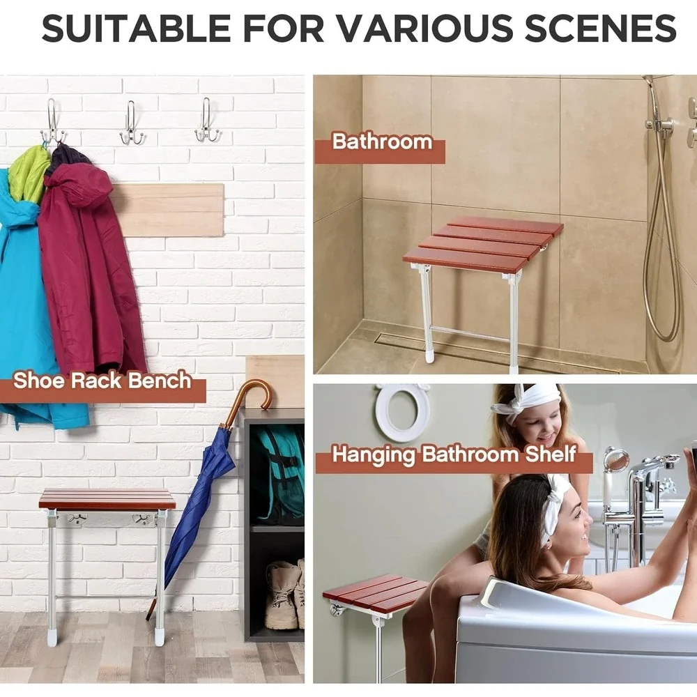 Geetery Folding Shower Seat Wall Mounted 18 Inch Wood Bench w/ Legs 400‎ lbs